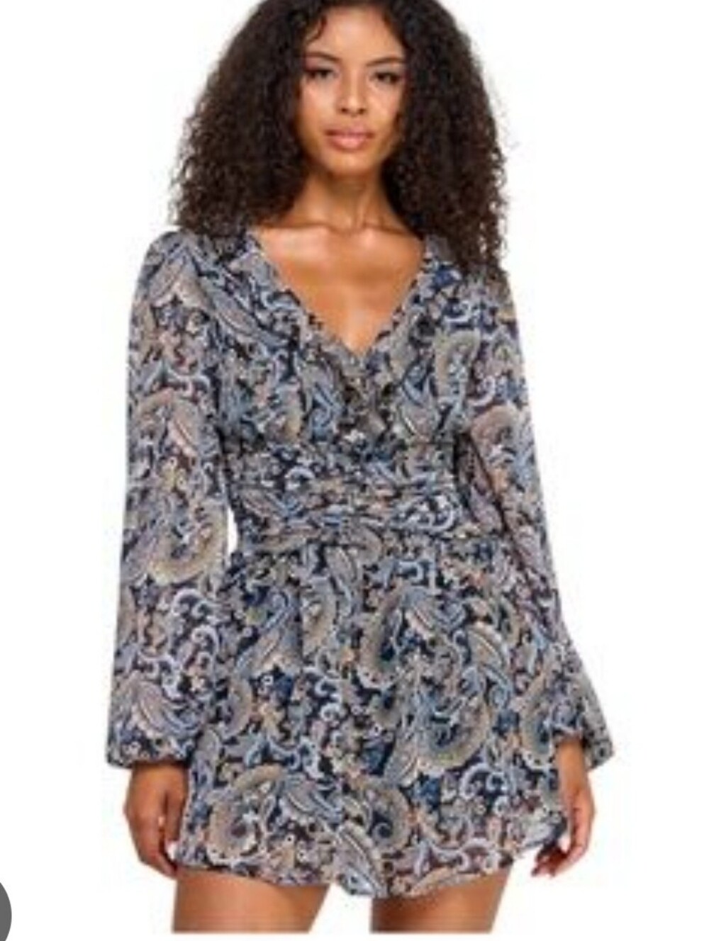 NWT City Studio Paisley Dress L Black Blue Long Sleeve Wrap Front Boho $119